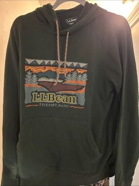 L.L. Bean Green Graphic Hoodie with Multicolor Mountain Print